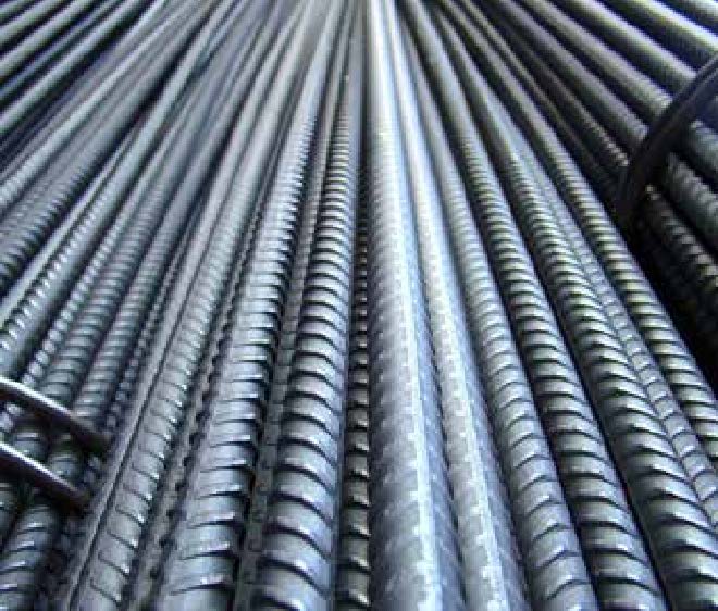 Rows of ribbed reinforcing steel bars